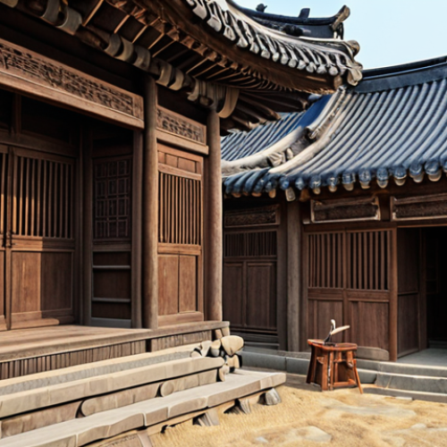 A skilled artisan meticulously restoring an ancient Korean wooden building, showcasing traditional techniques with modern digital modeling, emphasizing harmony with natural materials like wood and stone.