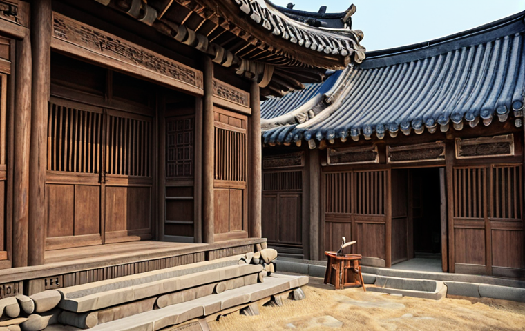 A skilled artisan meticulously restoring an ancient Korean wooden building, showcasing traditional techniques with modern digital modeling, emphasizing harmony with natural materials like wood and stone.
