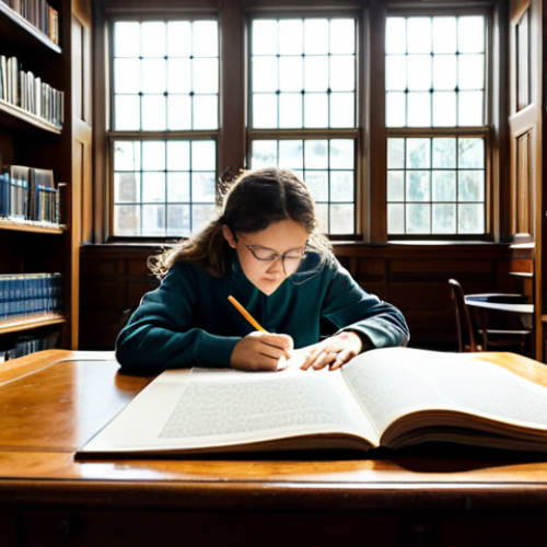 **

A dedicated art student studying cultural heritage restoration, surrounded by books and historical documents in a well-lit library, fully clothed, appropriate content, safe for work, perfect anatomy, correct proportions, professional, modest, family-friendly. The library features high ceilings and large windows, with sunlight streaming in. She is taking notes in a notebook, a magnifying glass rests on an open book showcasing detailed architectural drawings. The overall atmosphere is one of quiet concentration and academic pursuit.

**