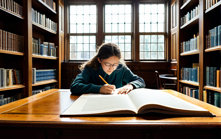 **

A dedicated art student studying cultural heritage restoration, surrounded by books and historical documents in a well-lit library, fully clothed, appropriate content, safe for work, perfect anatomy, correct proportions, professional, modest, family-friendly. The library features high ceilings and large windows, with sunlight streaming in. She is taking notes in a notebook, a magnifying glass rests on an open book showcasing detailed architectural drawings. The overall atmosphere is one of quiet concentration and academic pursuit.

**